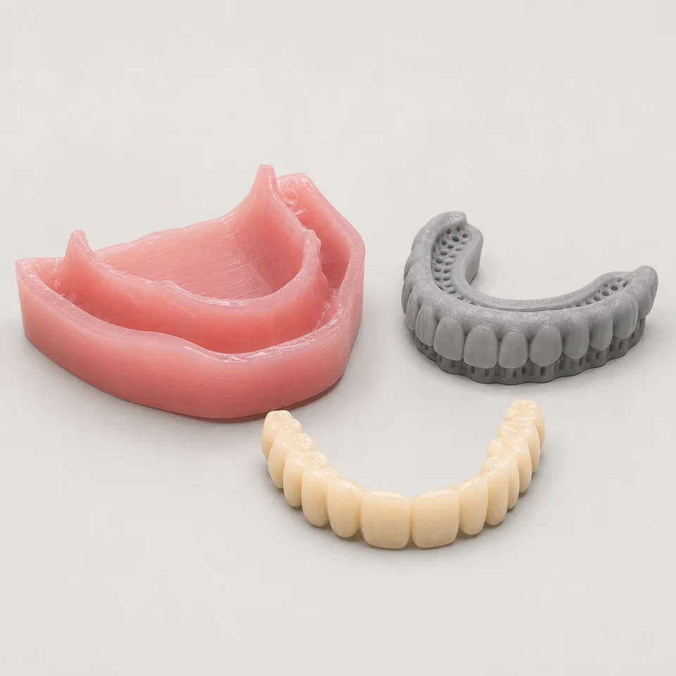 Digital denture components including a milled base, tooth arch and printed try-in.