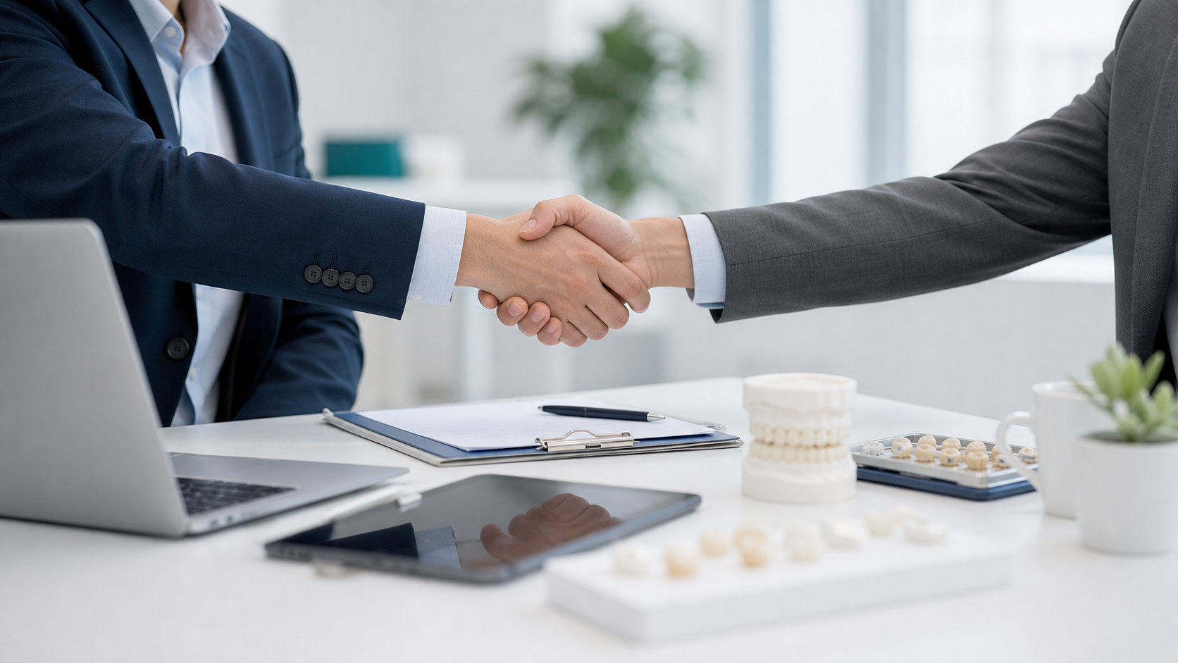 Business partnership discussion with dental restoration samples on a meeting desk.