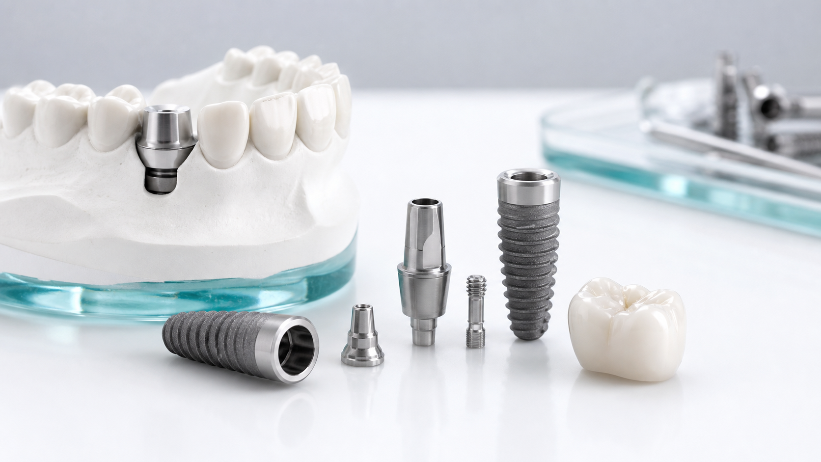 Studio image of generic implant restoration components and a ceramic crown.