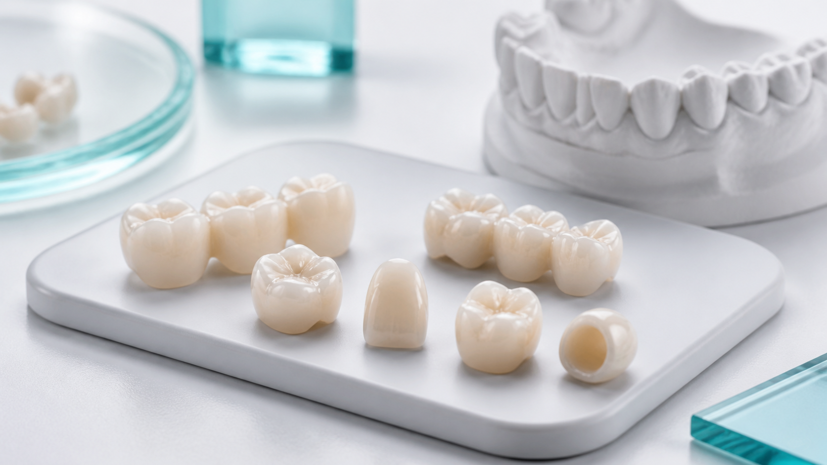 Studio image of ceramic dental restorations on a clinical tray.