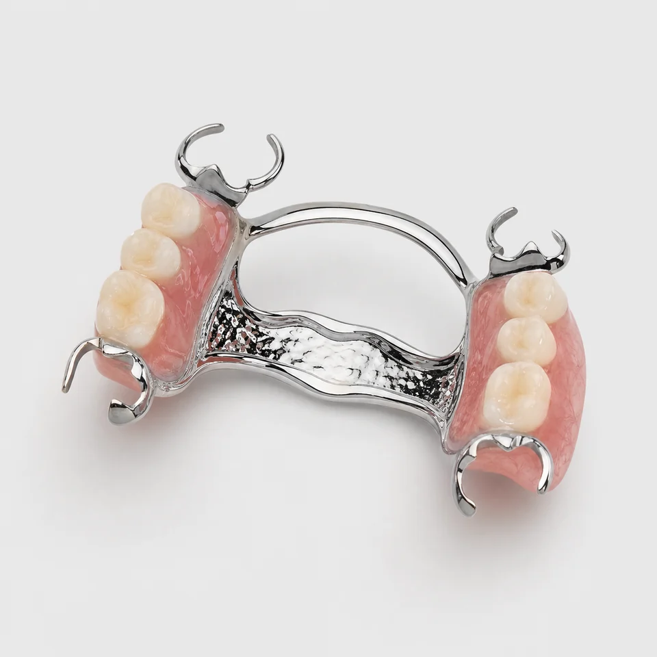 Cobalt-chromium removable partial denture with metal framework, clasps and acrylic saddles.