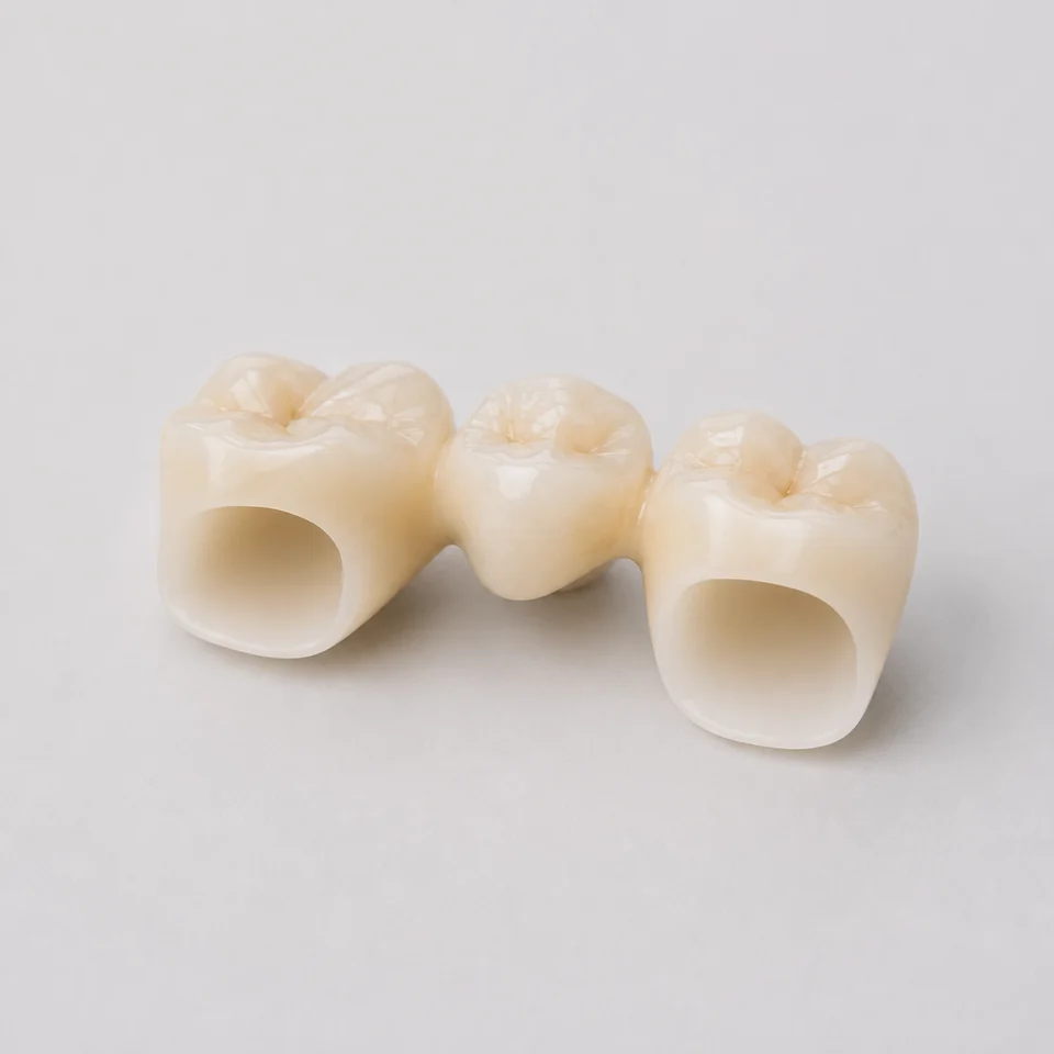 Three-unit ceramic dental bridge with two retainers and a central pontic.