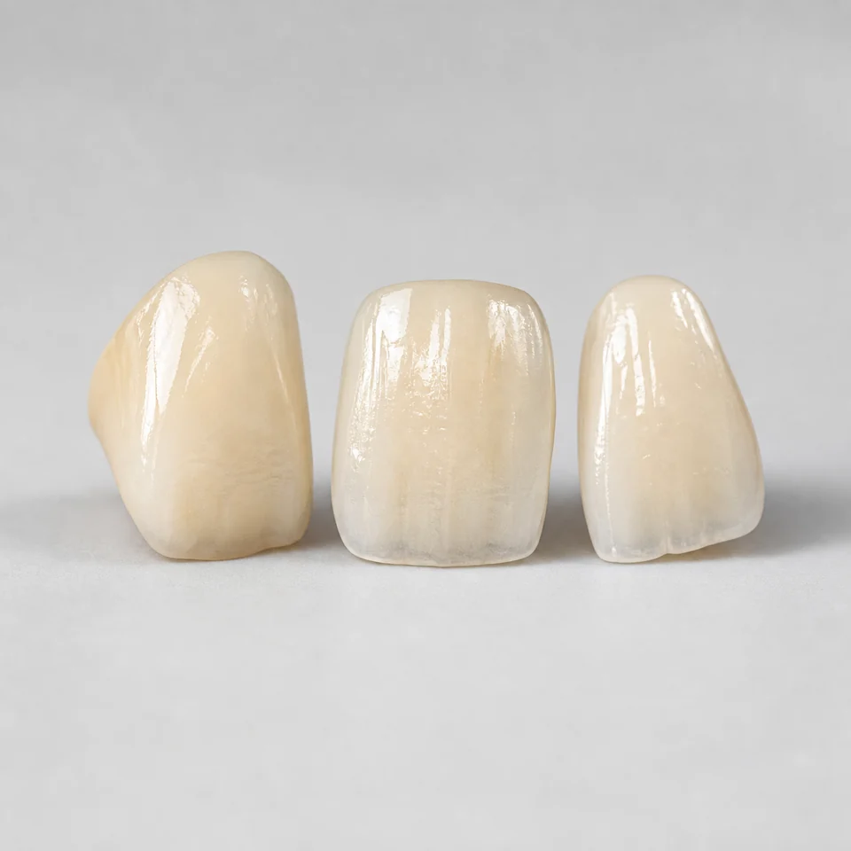 Three thin translucent ceramic dental veneers on a neutral studio background.