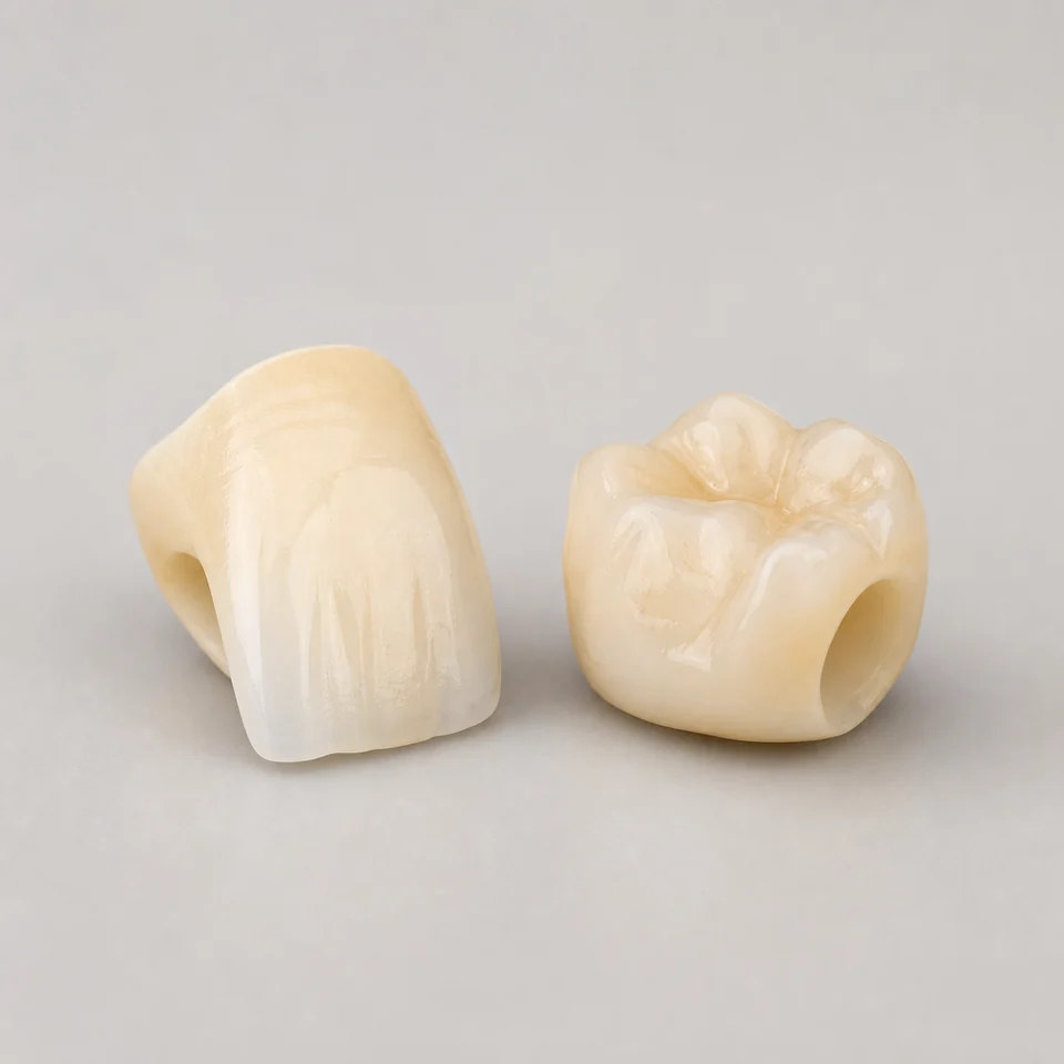 Translucent lithium-disilicate anterior and posterior all-ceramic crowns.