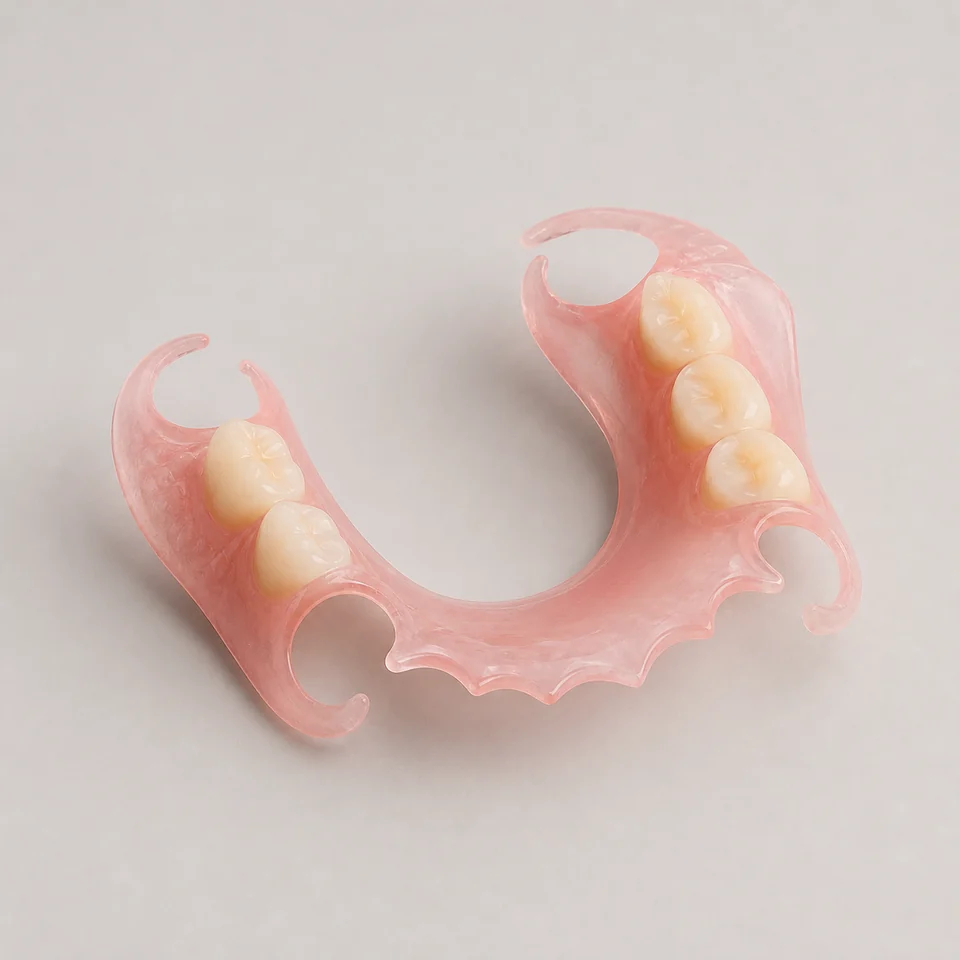 Translucent flexible partial denture with gingiva-colored clasps and replacement teeth.