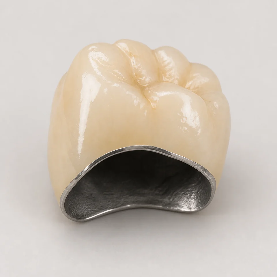 Porcelain-fused-to-metal crown showing the metal coping beneath tooth-colored ceramic.