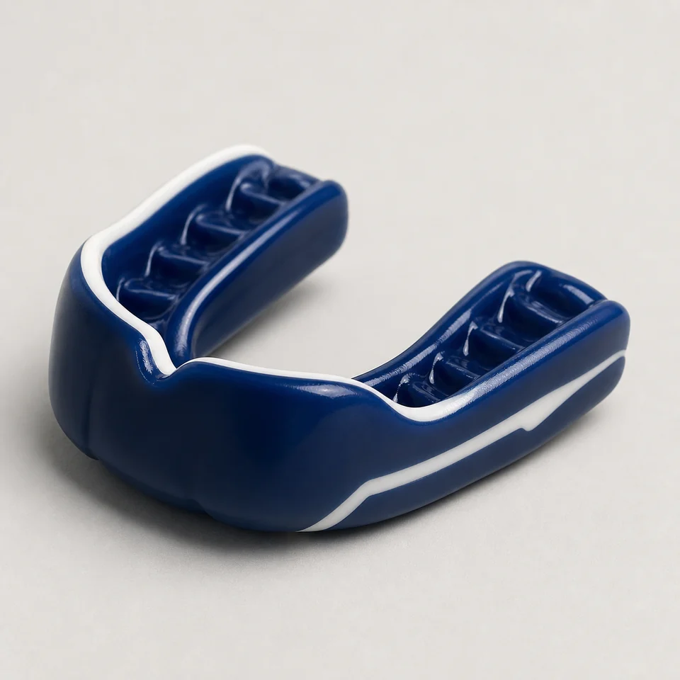 Thick custom laminated sports mouthguard with molded tooth channels.