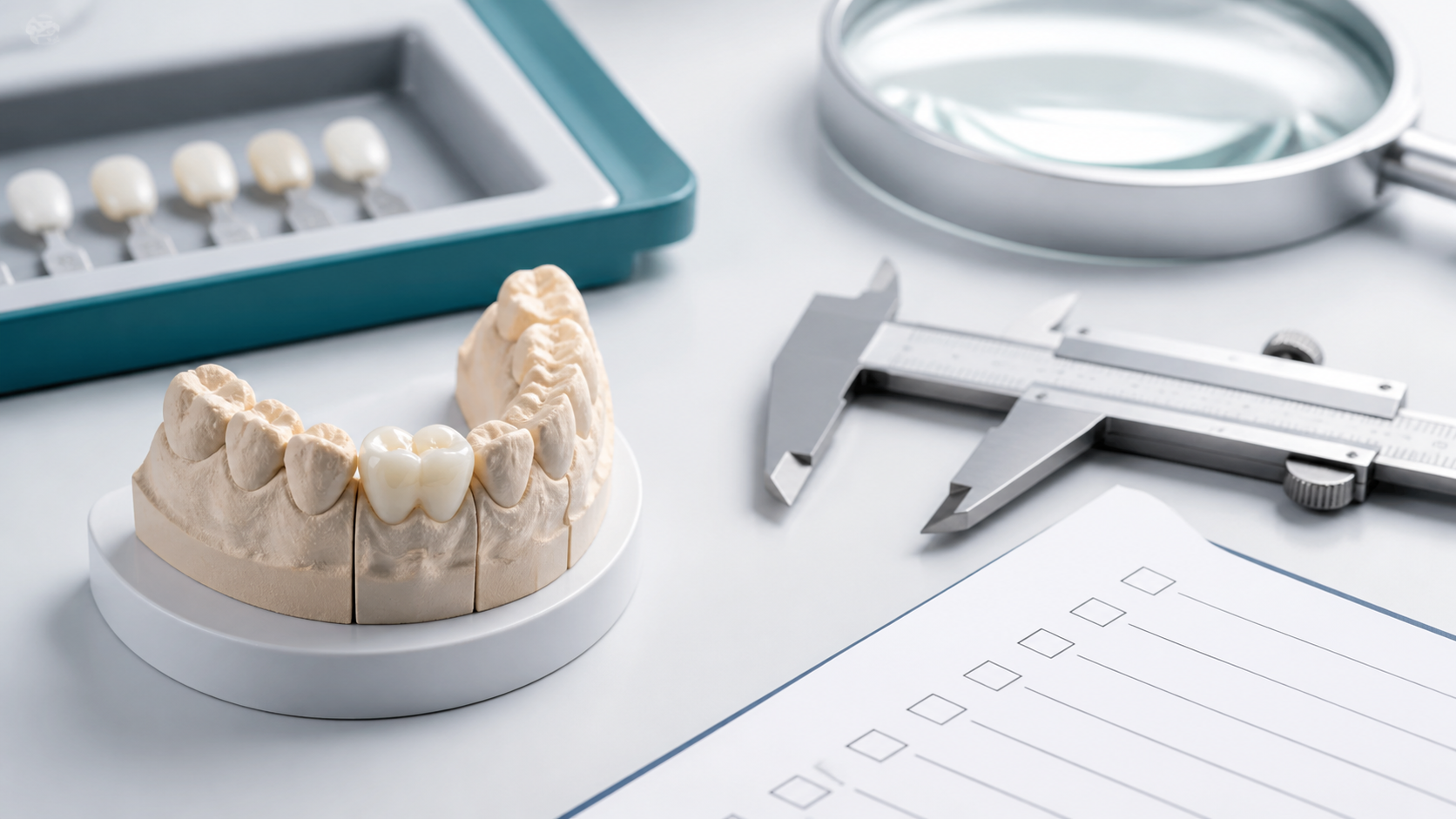 Studio image of dental restoration checklist and inspection tools.