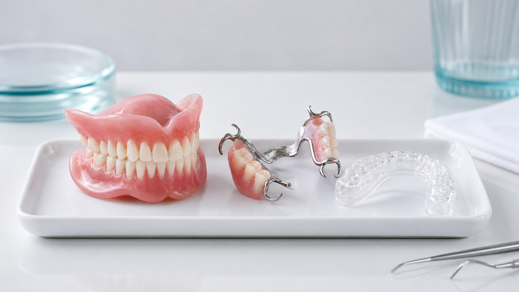 Studio image of removable dentures and dental appliances.