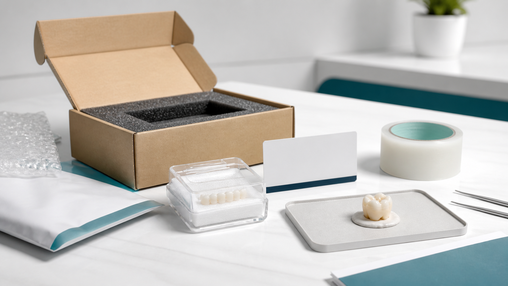 Studio image of organized dental case packaging and business communication.